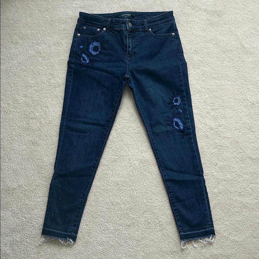 24” Inseam Ralph Lauren Dark Blue Skinny Jeans with Embroidered Flowers - Size 4